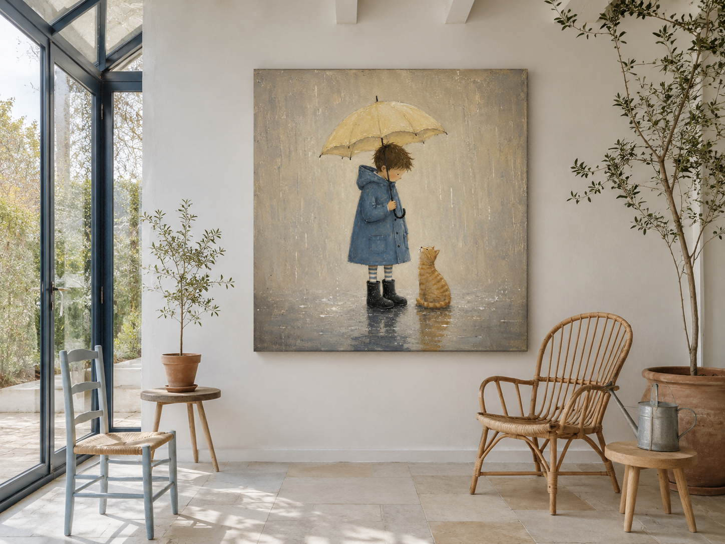 Vintage Boy And Cat Painting With Umbrella In Rain For Nursery Wall Art Decor