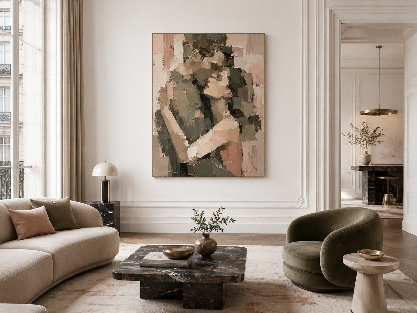 Modern Abstract Oil Painting Of Lovers Embrace With Geometric Impasto Texture For Bedroom Wall Art Decor