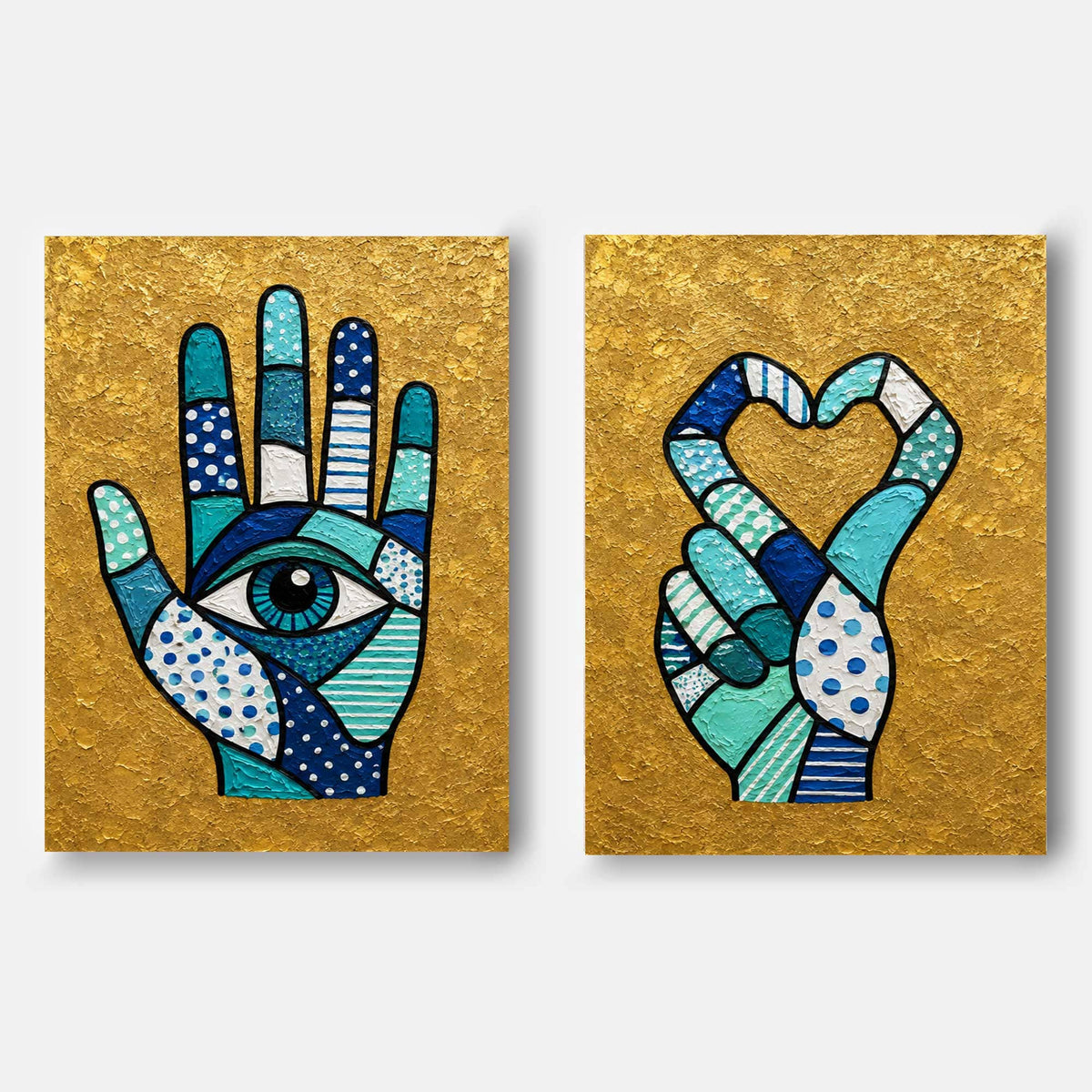 Hand-Painted Hamsa Eye And Heart Canvas Art Set With Gold Background