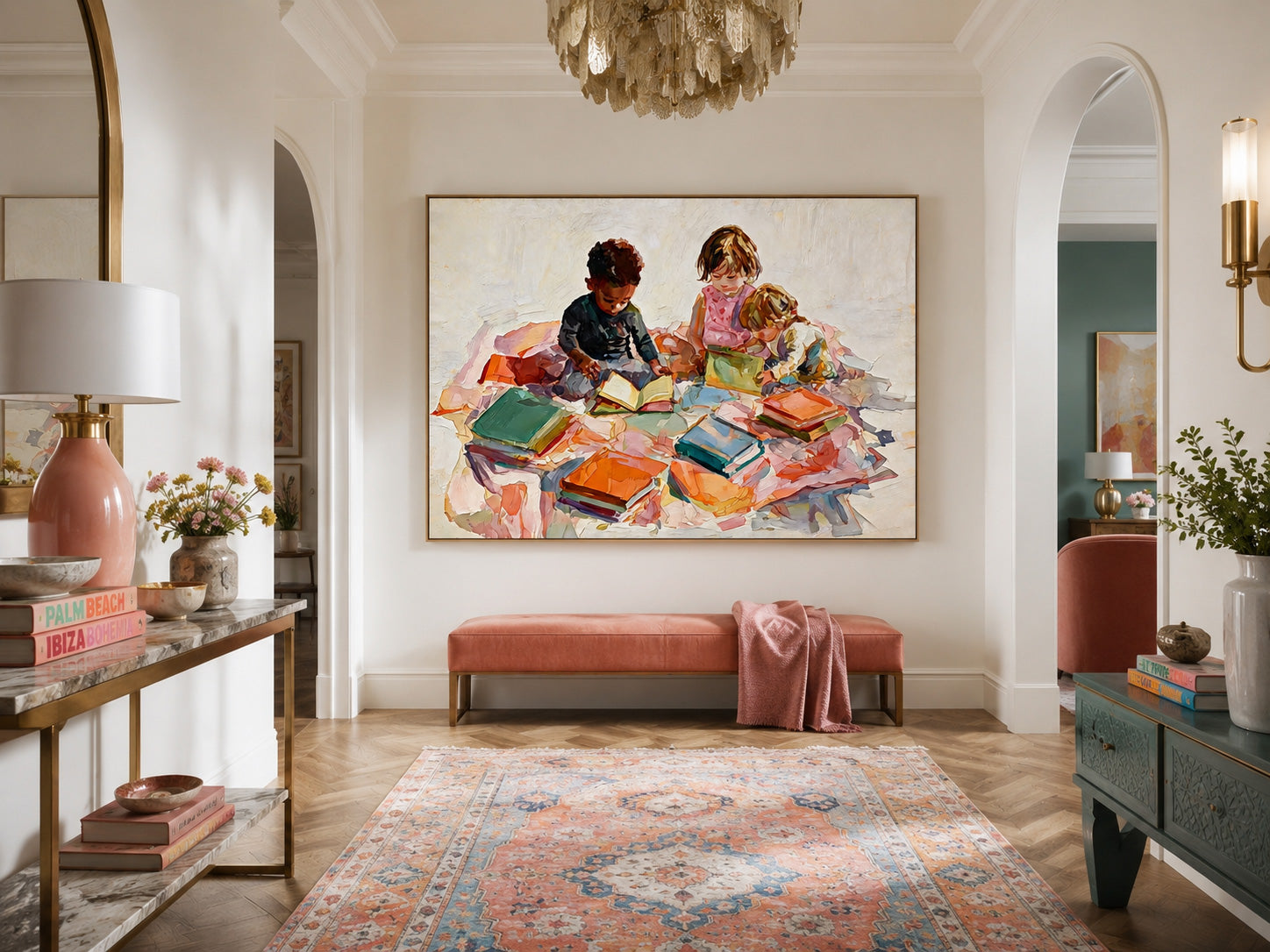 Modern Impressionist Oil Painting Of Kids Playing With Books