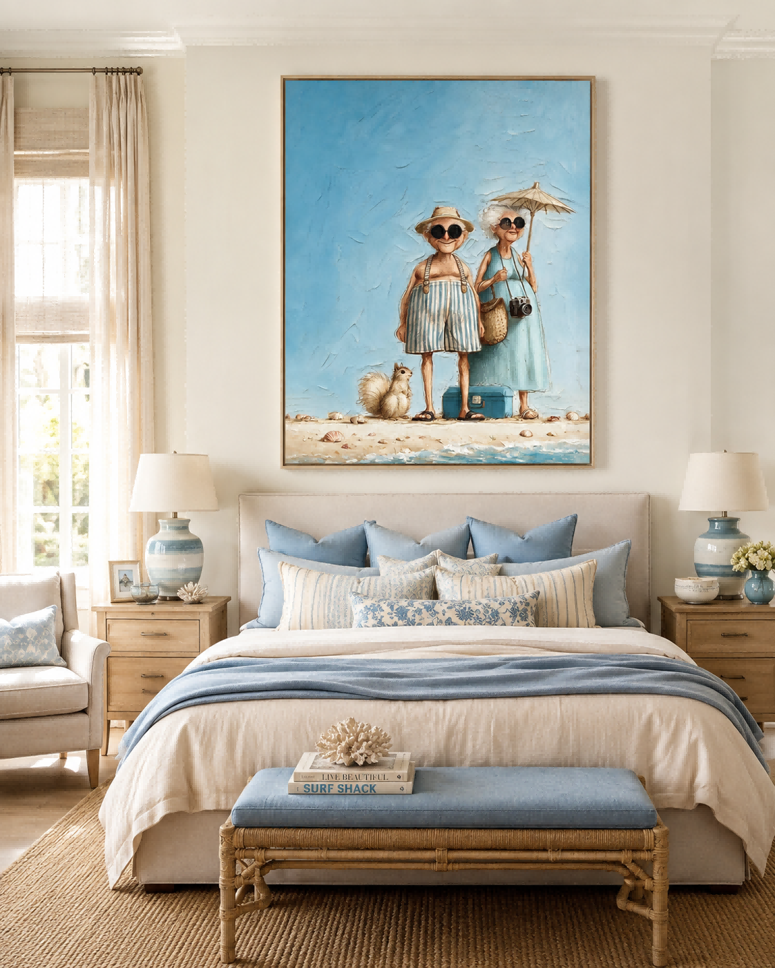 Whimsical Vintage Couple Beach Painting Textured Canvas Wall Art For Living Room Decor
