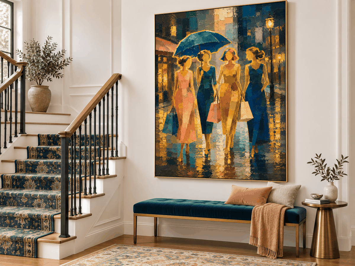 Textured Expressionist Painting Of City Life In Retro Style Hand-Painted Fashion Women With Umbrella Canvas Art
