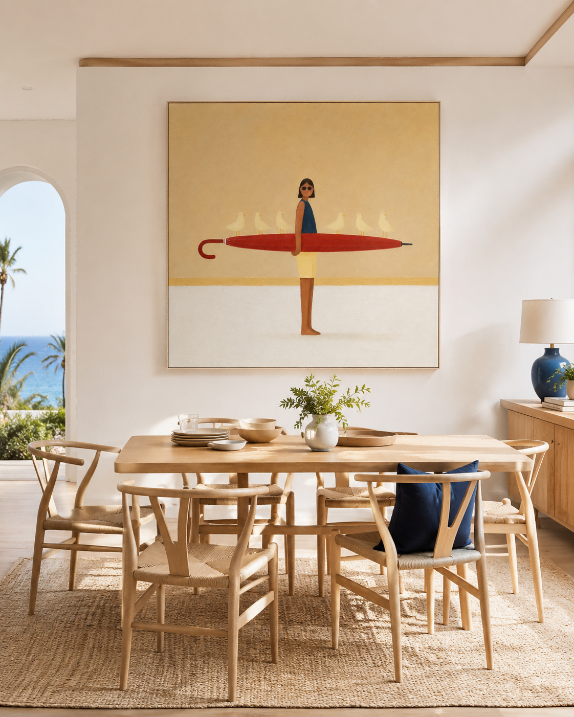Woman With Red Umbrella And Birds Hand-Painted Canvas Art Abstract Figurative Painting With Playful Modern Aesthetic