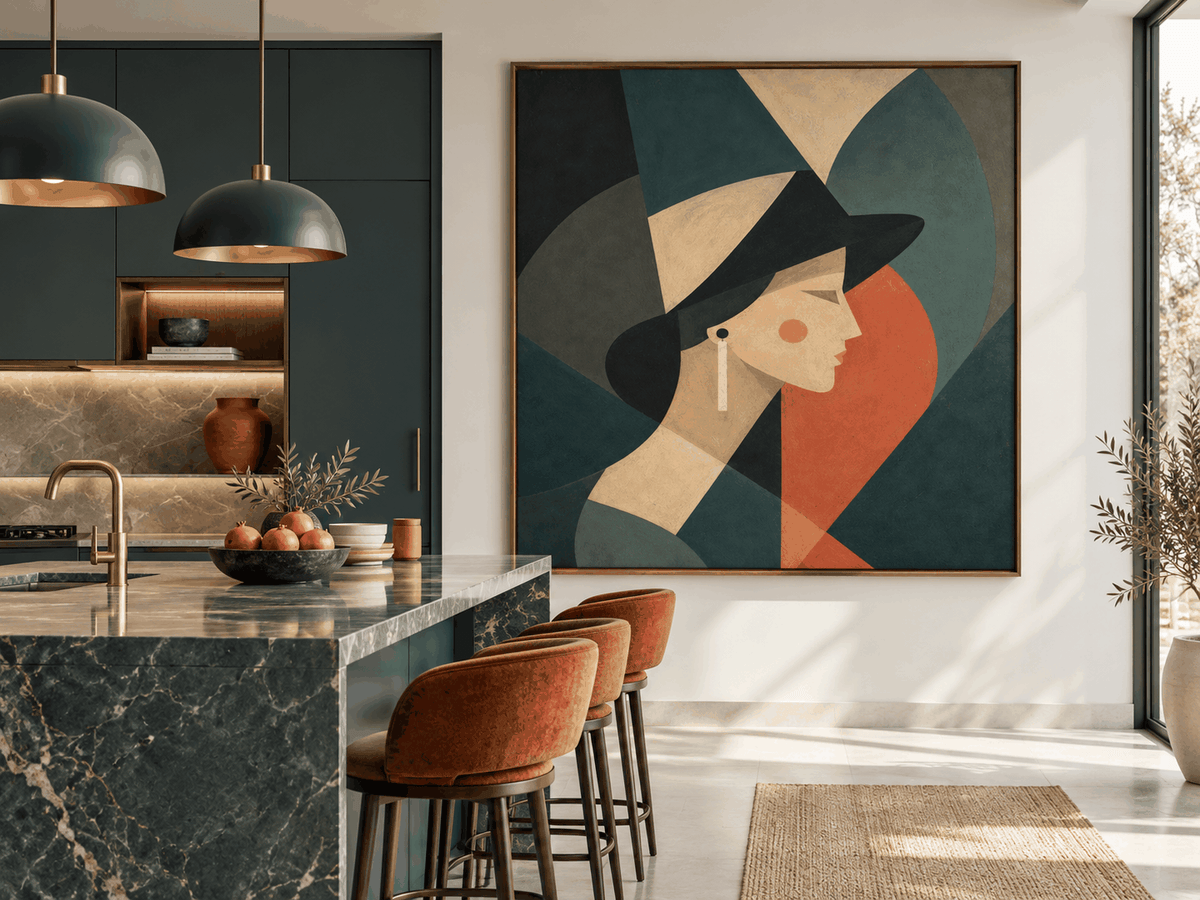 Minimalist Art Deco Style Painting With Morandi Green And Red Tones