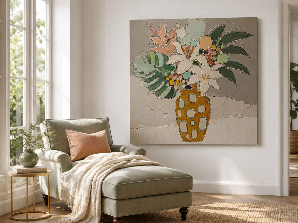 Abstract Floral Still Life With Lilies And Tropical Leaves Hand-Painted Canvas Art
