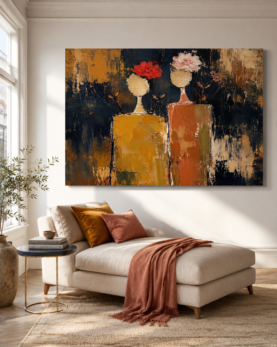 Vintage Modern Abstract Art Canvas Textured Painting With Pink And Red Flowers