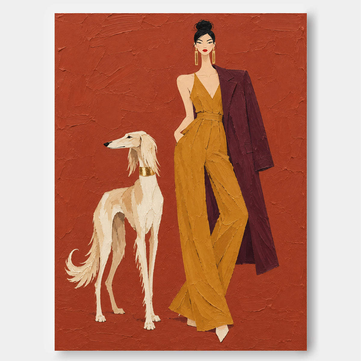 Hand-Painted Woman And Dog Canvas Art In Brick Red And Mustard Yellow