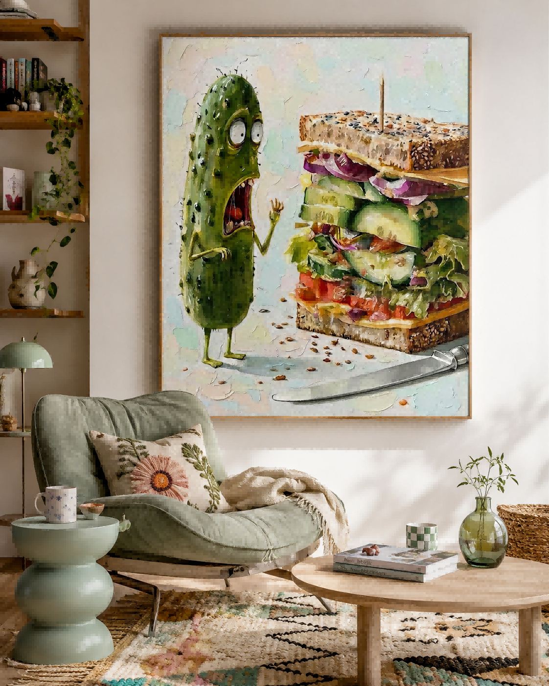 Funny Anthropomorphic Cucumber Art Painting Cute Character Painting For Playful Home Office Decoration