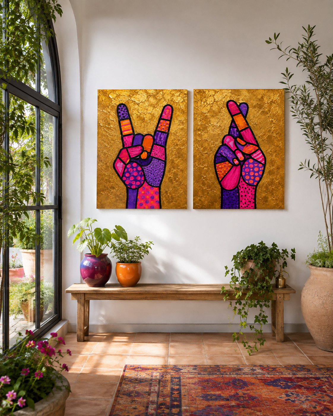 Pop Art Hand Gestures Canvas Painting Set With Gold Background