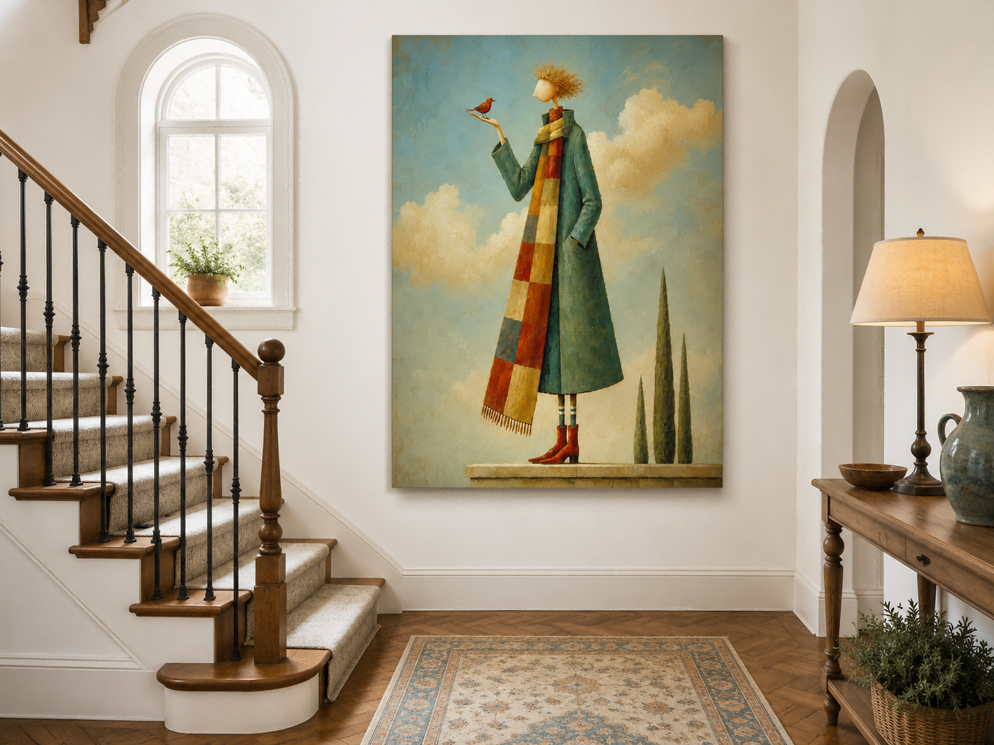 Whimsical Art Deco Painting With Textured Brushwork And Dreamy Sky Atmosphere