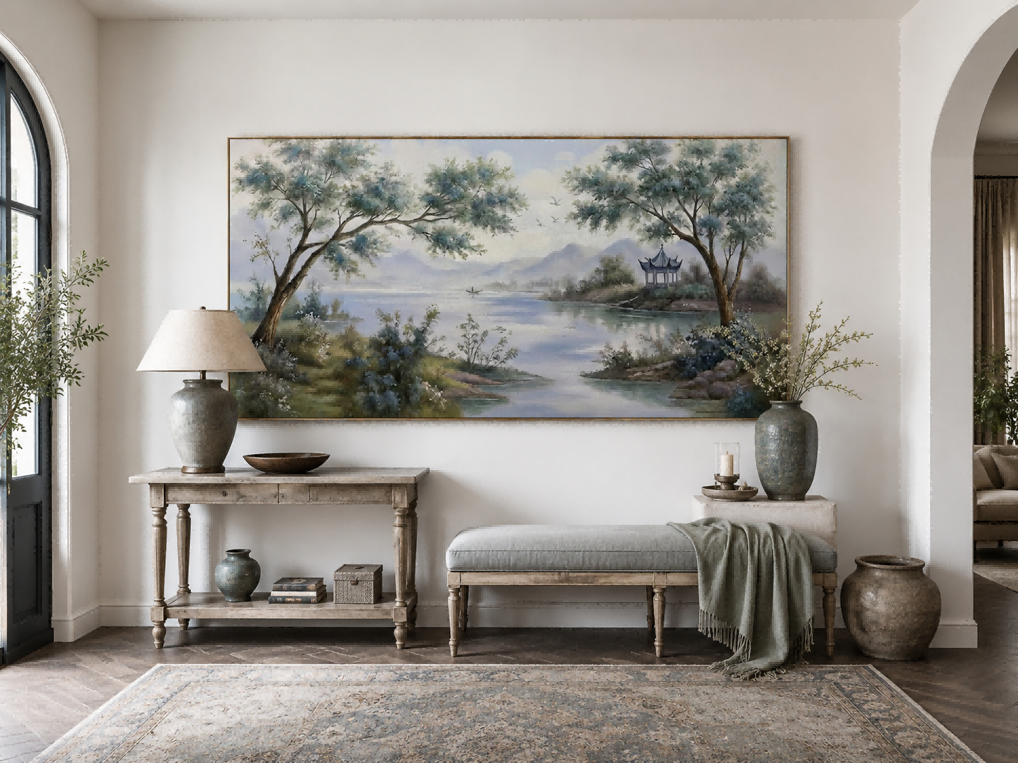 Serene River View Canvas Art With Mountains And Trees For Modern Home