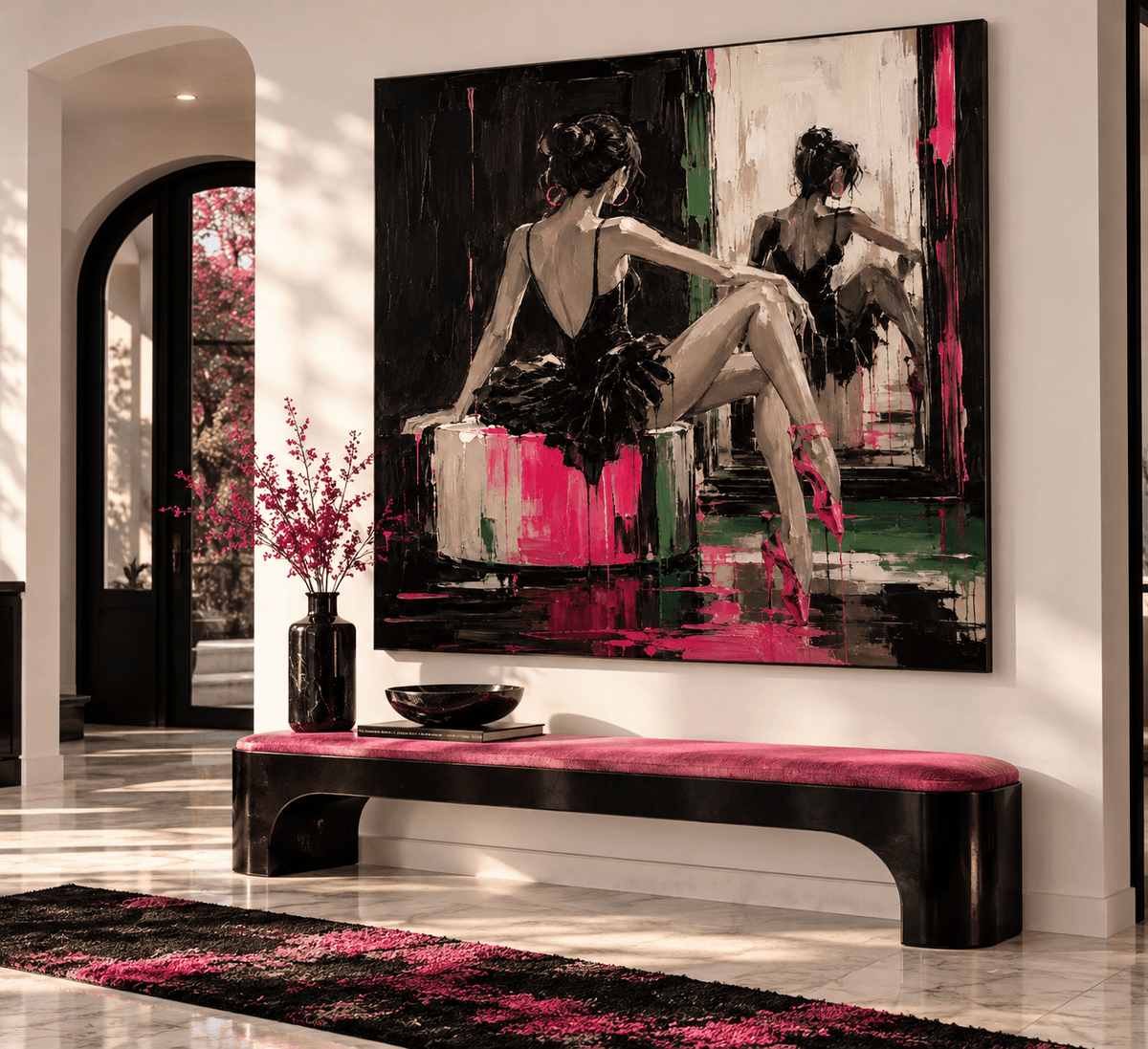 Ballerina In Black And Pink Hand-Painted Canvas Art For Modern Walls Abstract Art With Gothic Elegance