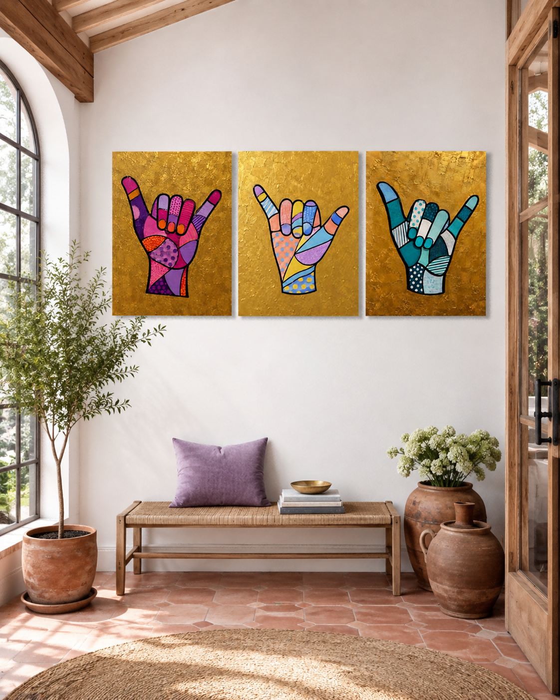 Colorful Geometric Pop Art Triptych With Textured Gold Leaf Finish