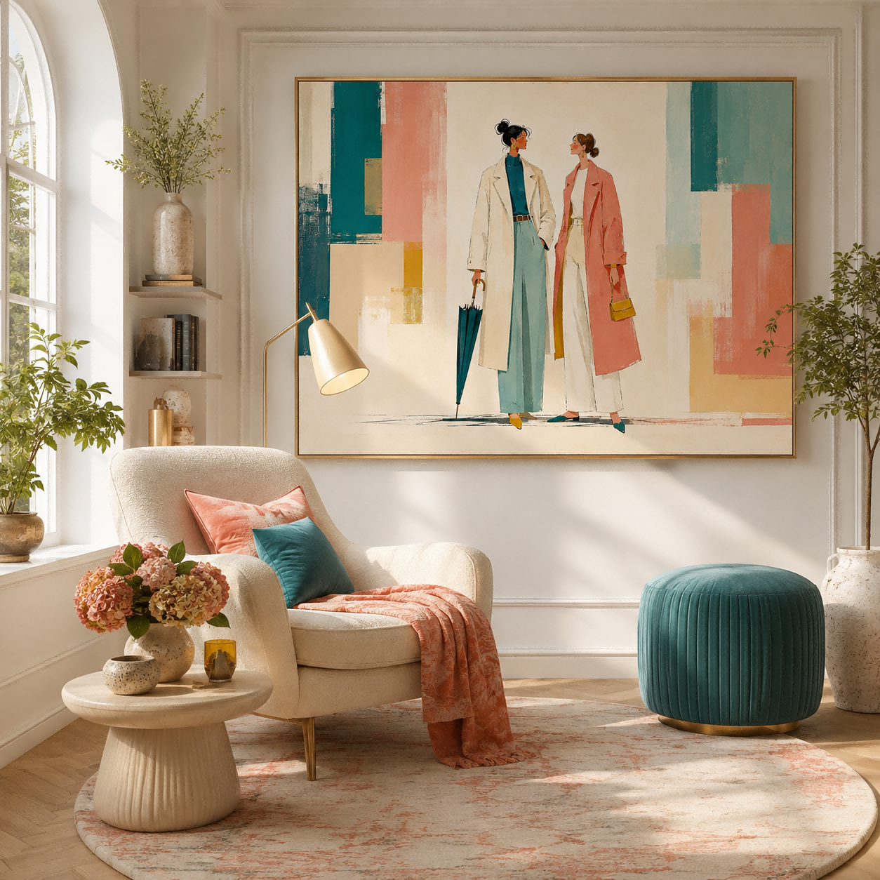 Modern Geometric People Art Print With Teal And Coral For Living Room Decor