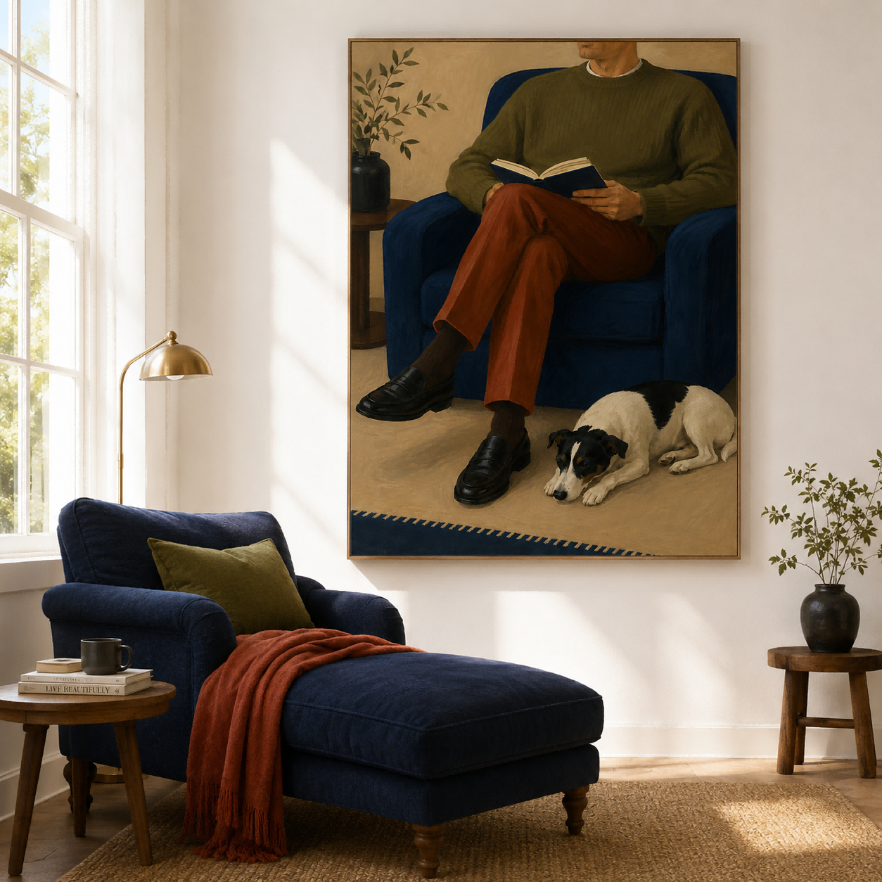 Cozy Living Room Wall Art Featuring Man And Pet In Modern Style