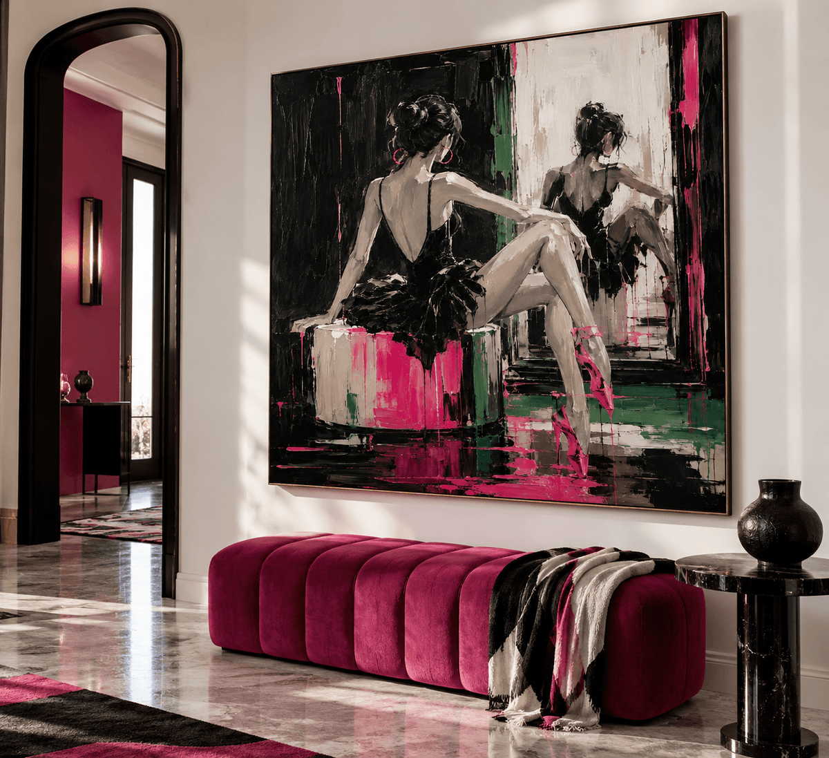 Ballerina In Black And Pink Hand-Painted Canvas Art For Modern Walls Abstract Art With Gothic Elegance