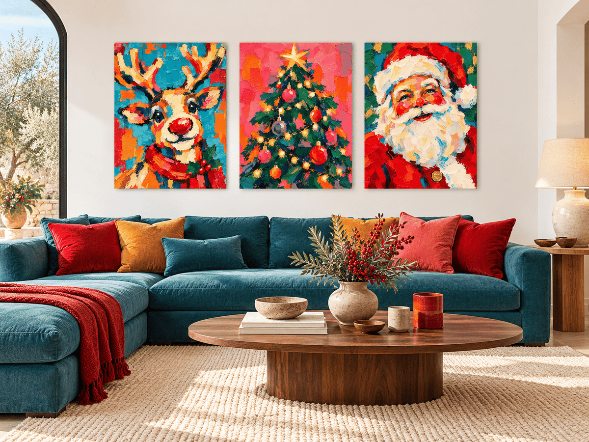 3P Hand-Painted Santa Reindeer Tree Christmas Canvas Art Set
