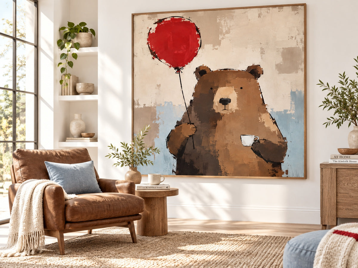 Hand-Painted Minimalist Brown Bear With Red Balloon Canvas Art