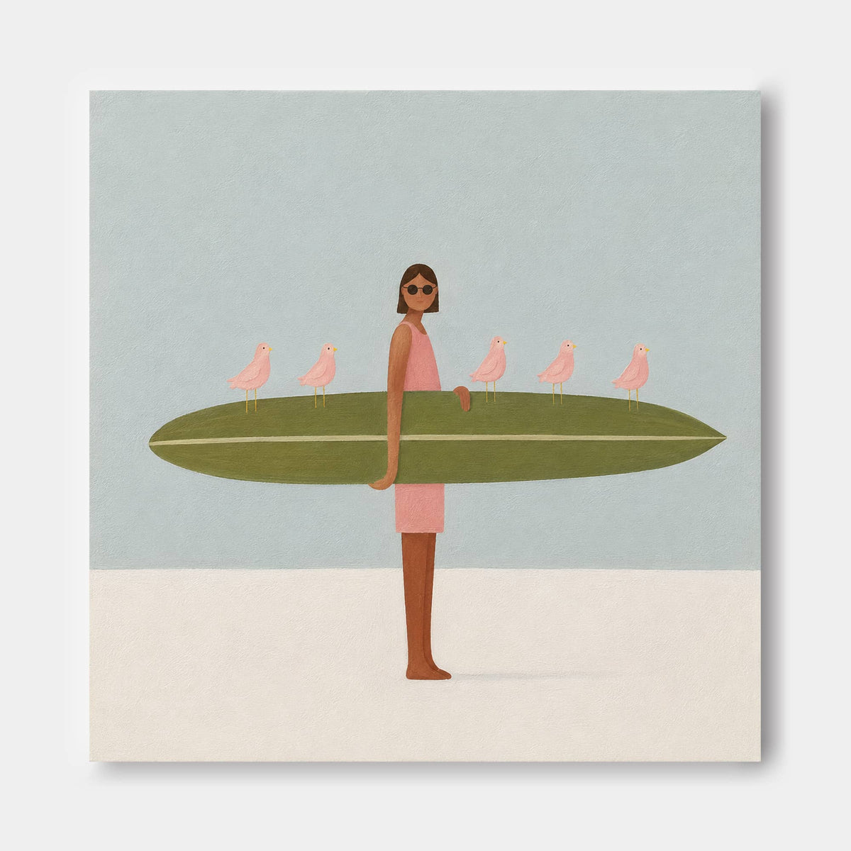 Hand-Painted Surfboard Girl With Birds Abstract Canvas Art In Green And Pink