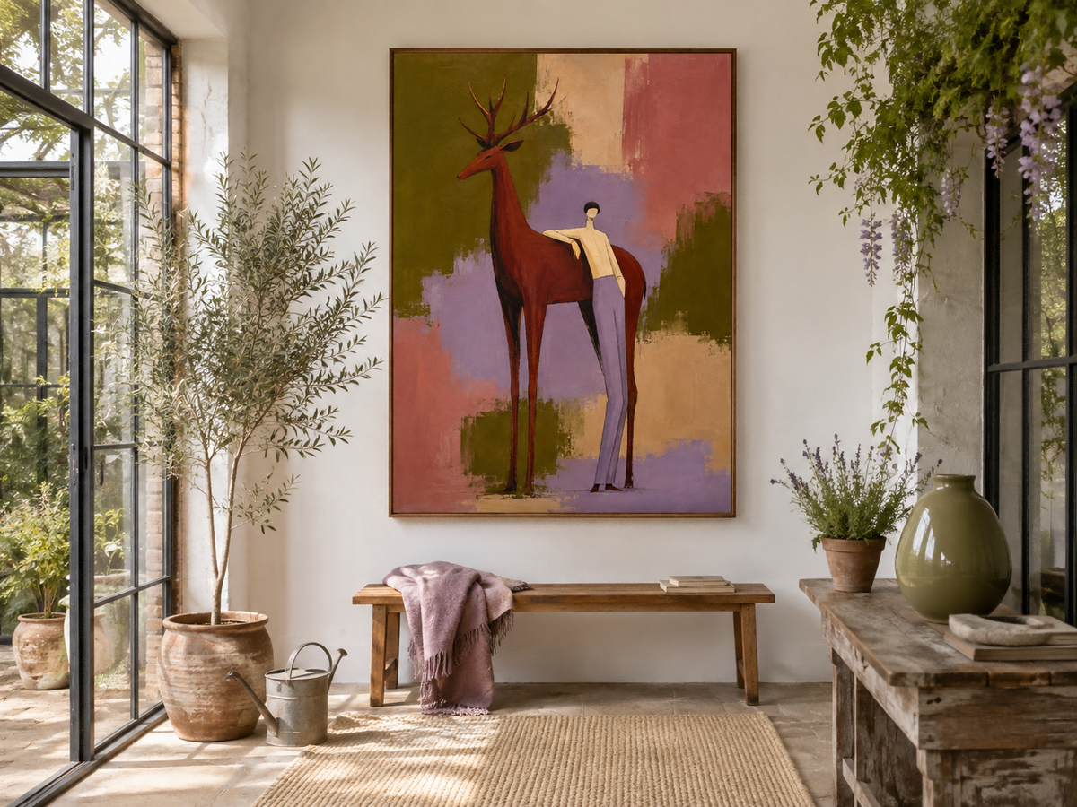 Abstract Man And Red Deer Canvas Painting Hand-Painted Wall Art