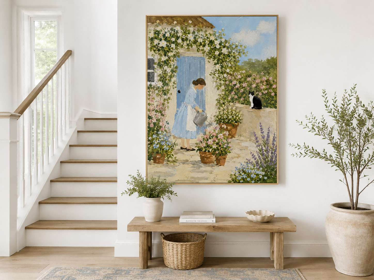 Woman Watering Flowers In Cottage Garden Hand-Painted Canvas Art