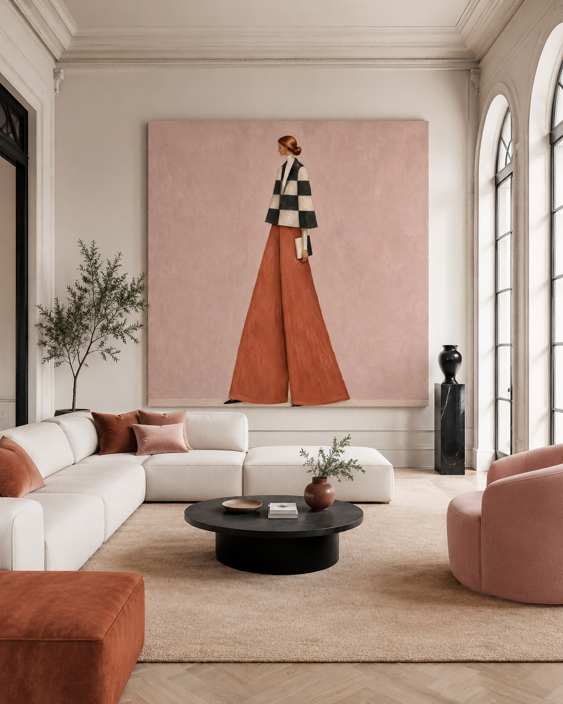 Fashion Woman In Checkered Jacket And Rust Pants Hand-Painted Canvas Art