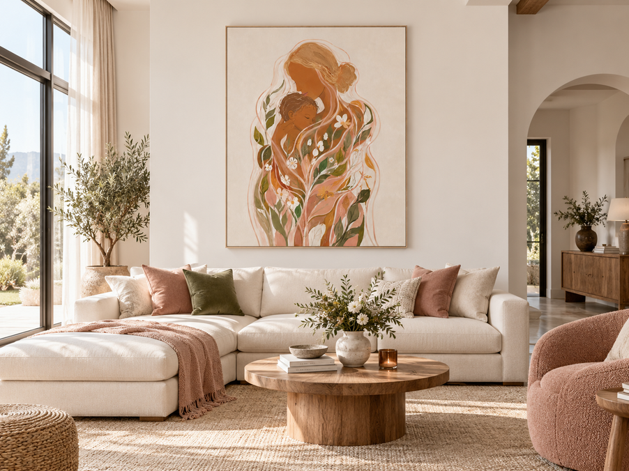 Bohemian Minimalist Abstract Painting Of Maternal Love And Nature