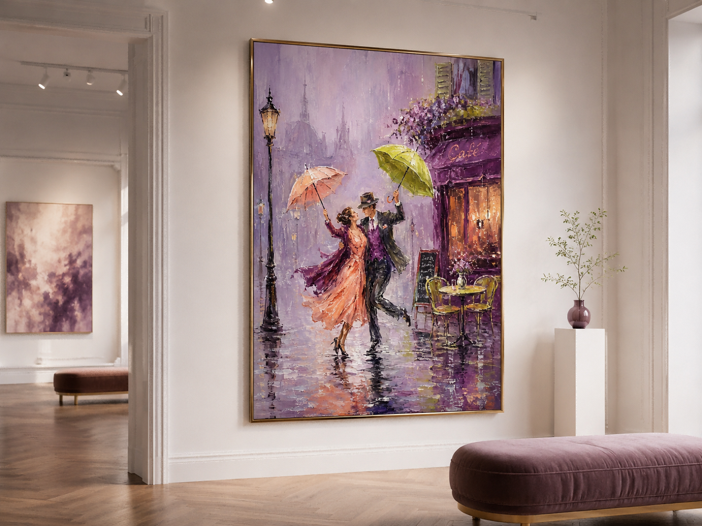 Romantic Impressionist Oil Painting Of Couple Dancing In Rain With Umbrellas For Living Room Decor