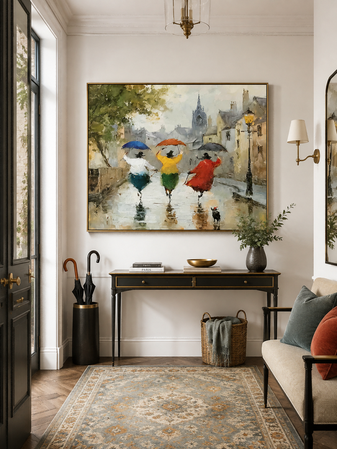 Vintage City Life Canvas Art Featuring Friends Running In Rain With Umbrellas And Lamp Post