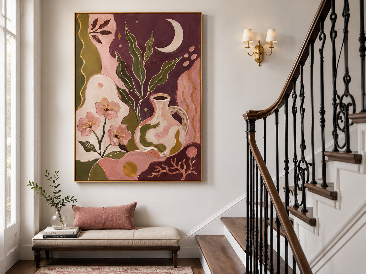 Fantasy Floral And Moon Art Deco Canvas Painting Hand-Painted Original Wall Art