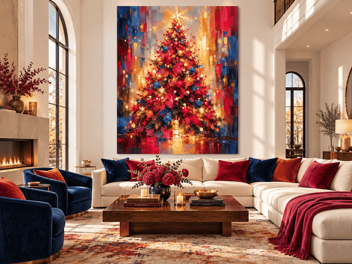 Expressionist Abstract Christmas Tree Canvas Painting With Gold And Red Ornaments For Holiday Decor