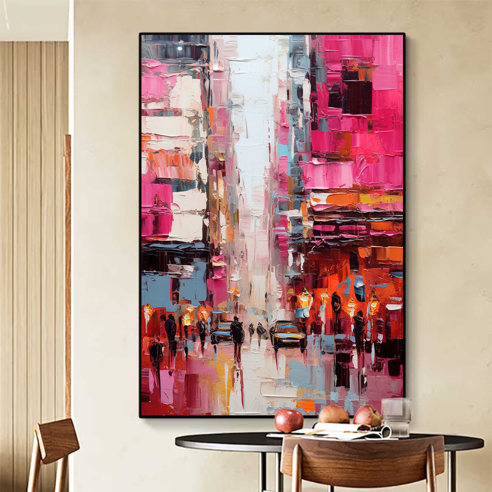 Large Pink Abstract Cityscape Oil Painting On Canvas Original Urban Scene Art Modern Colorful Wall Art Living Room