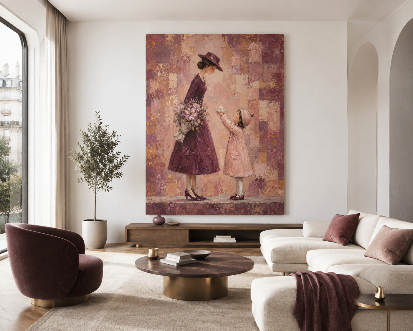 Abstract Modern Illustration Of Motherhood In Purple Textured Canvas Wall Art
