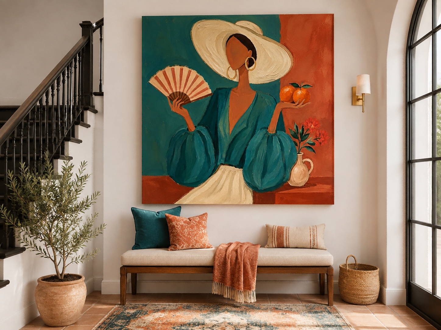 Exotic Lazy Afternoon Oil Painting Of Woman With Fan And Oranges For Lounge Wall Art