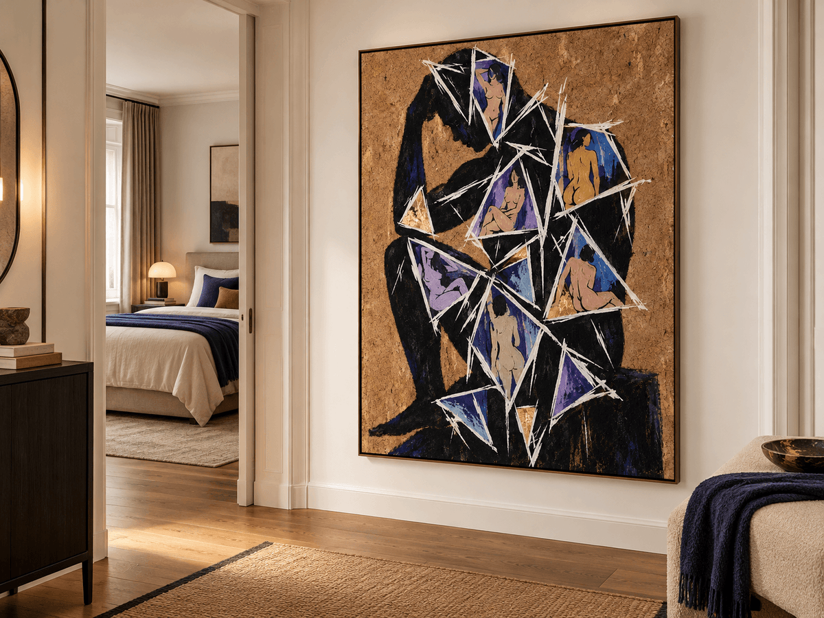 Abstract Thinker Figure Cubist Hand-Painted Canvas Art With Gold Leaf Accents