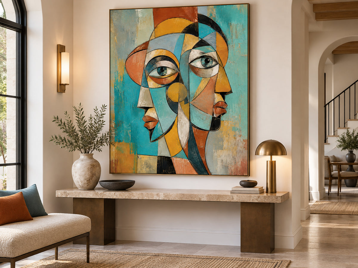Vintage Cubist Style Hand Painted Art With Textured Finish