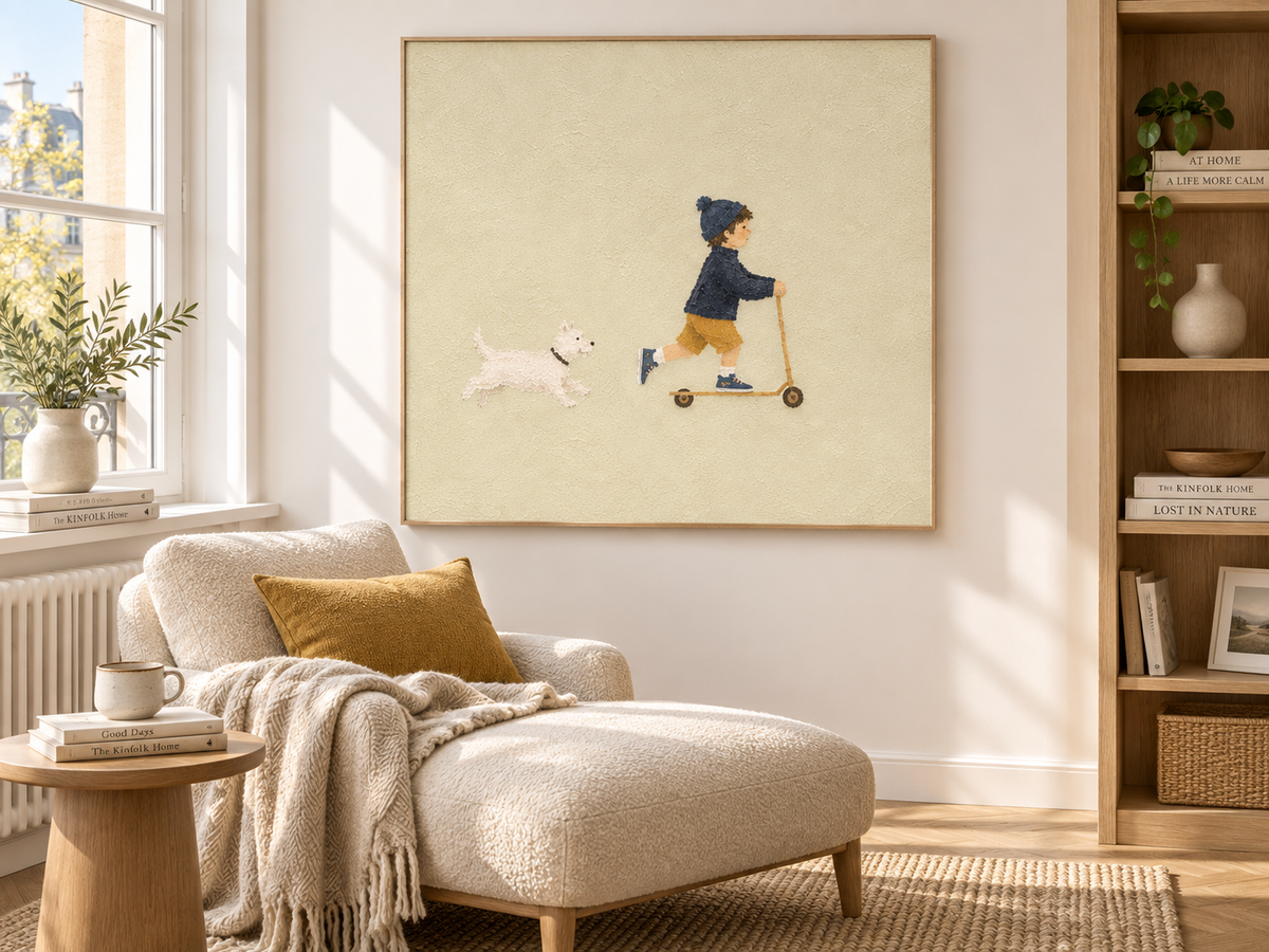 Modern Naive Art Canvas Painting Abstract Boy And Dog Story