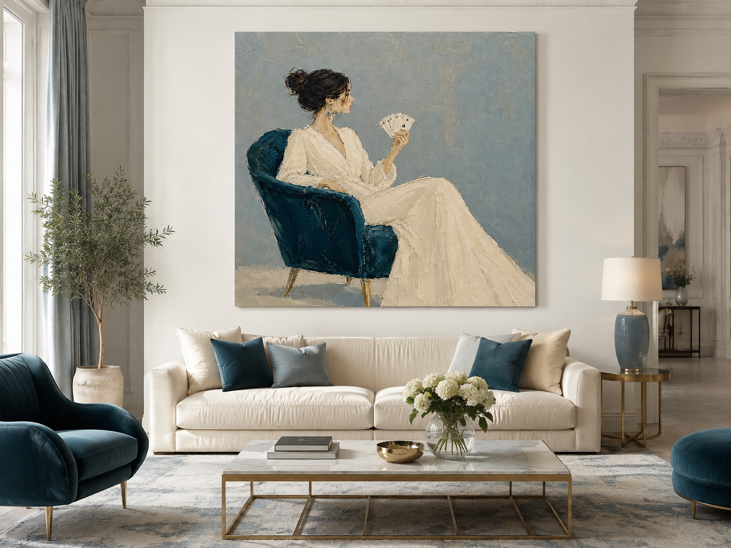 Minimalist Oil Painting Of Woman In White Dress With Playing Cards For Modern Living Room Decor