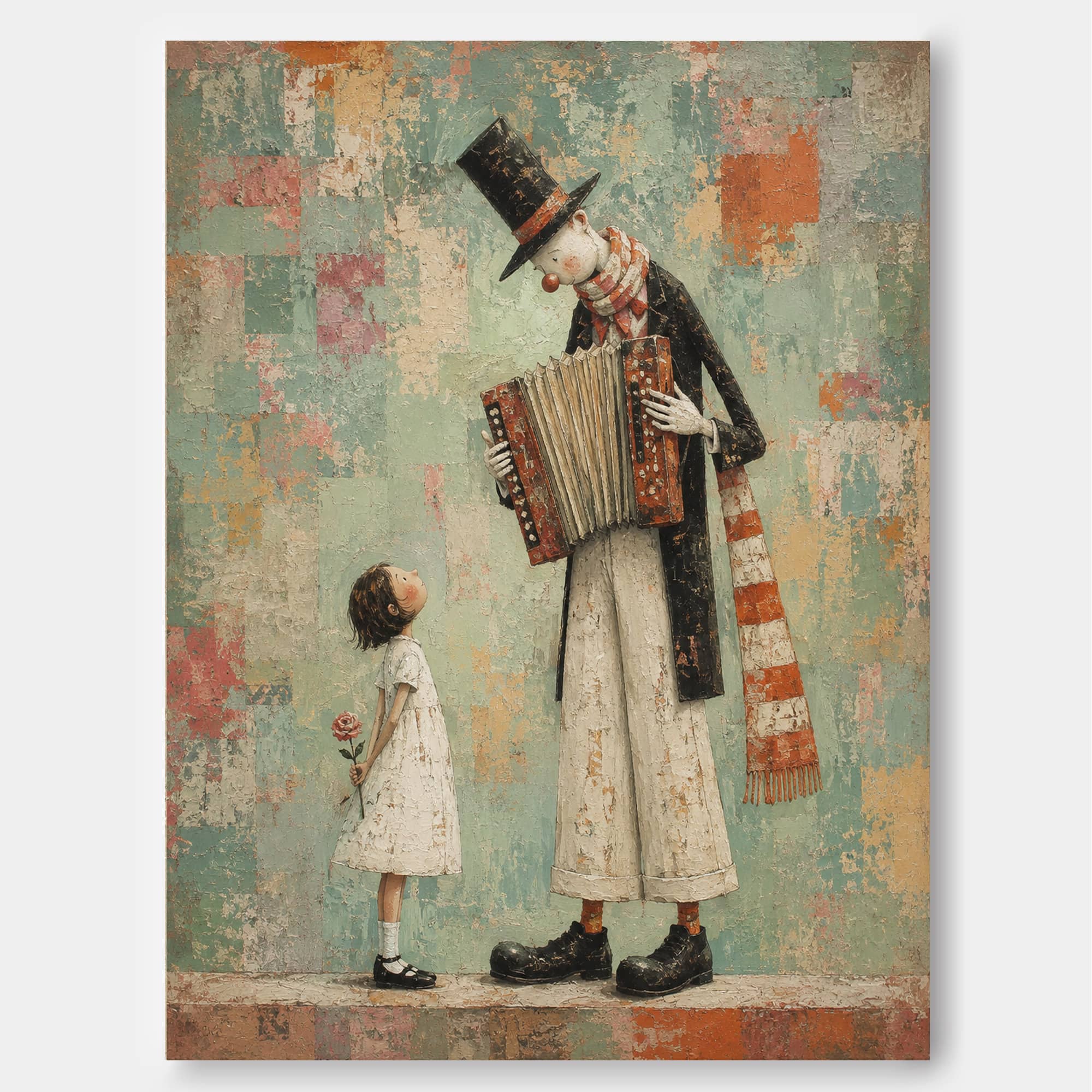 Hand-Painted Accordion Man And Girl Canvas Art With Rose Vintage Style