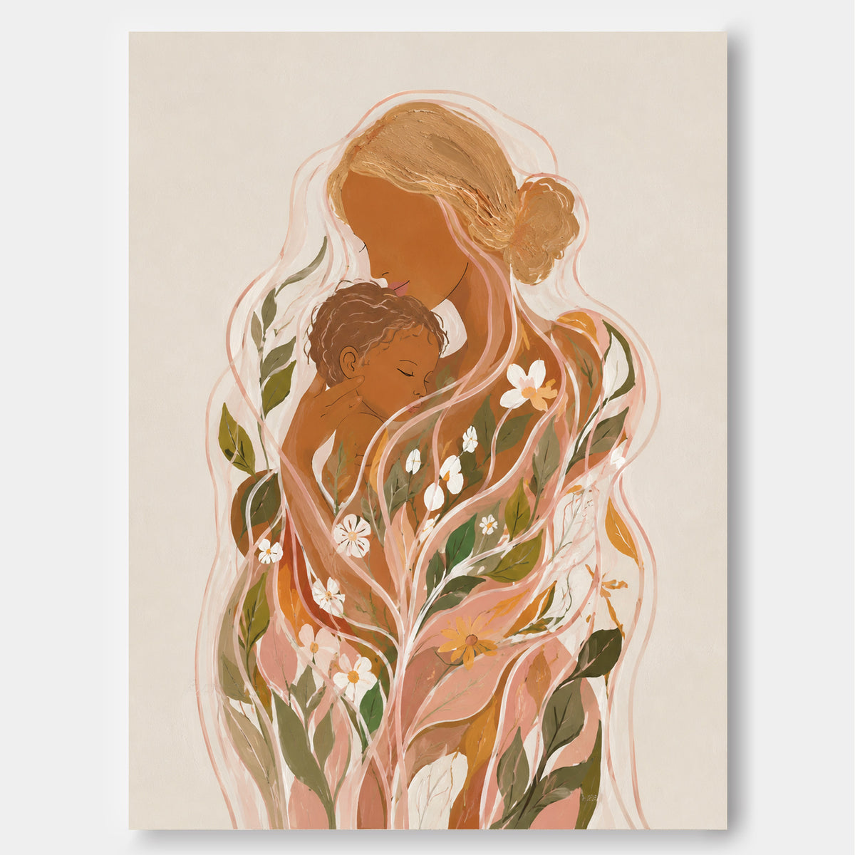 Bohemian Minimalist Abstract Painting Of Maternal Love And Nature
