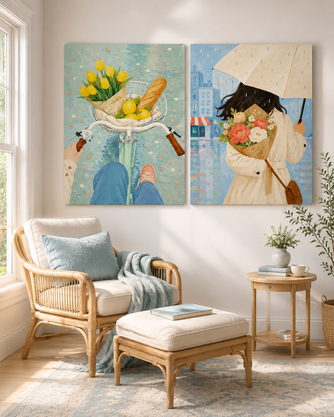 Hand-Painted Floral And City Life Diptych Canvas Art With Yellow Tulips