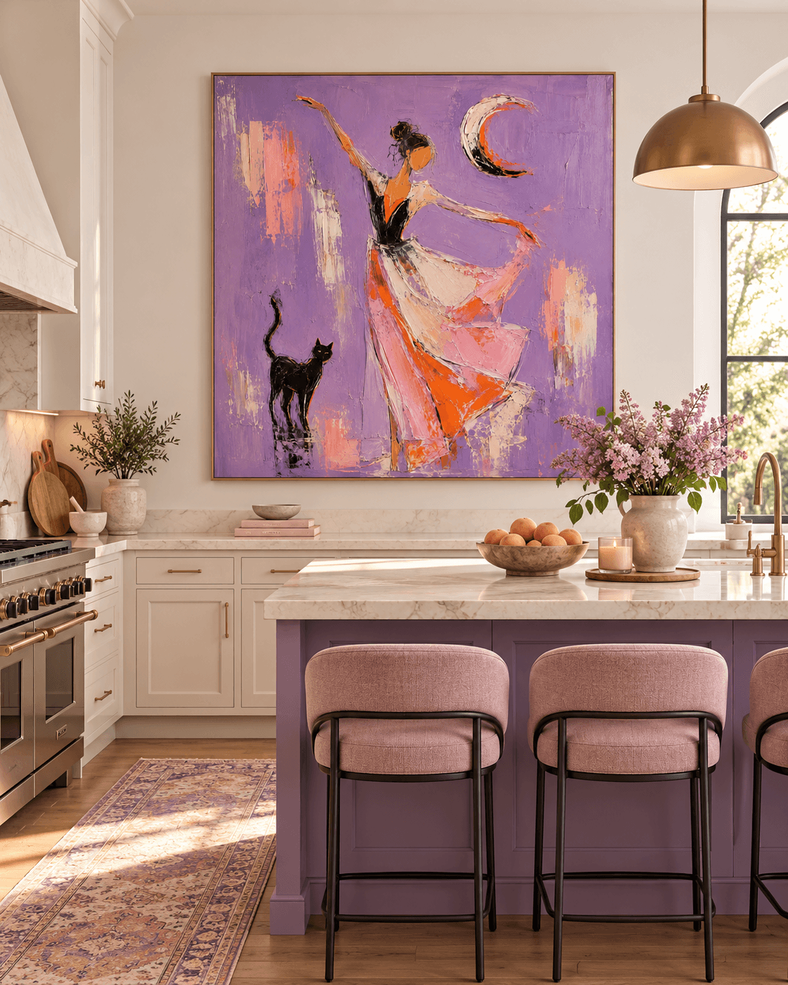Dancing Woman With Black Cat Moon Abstract Canvas Painting