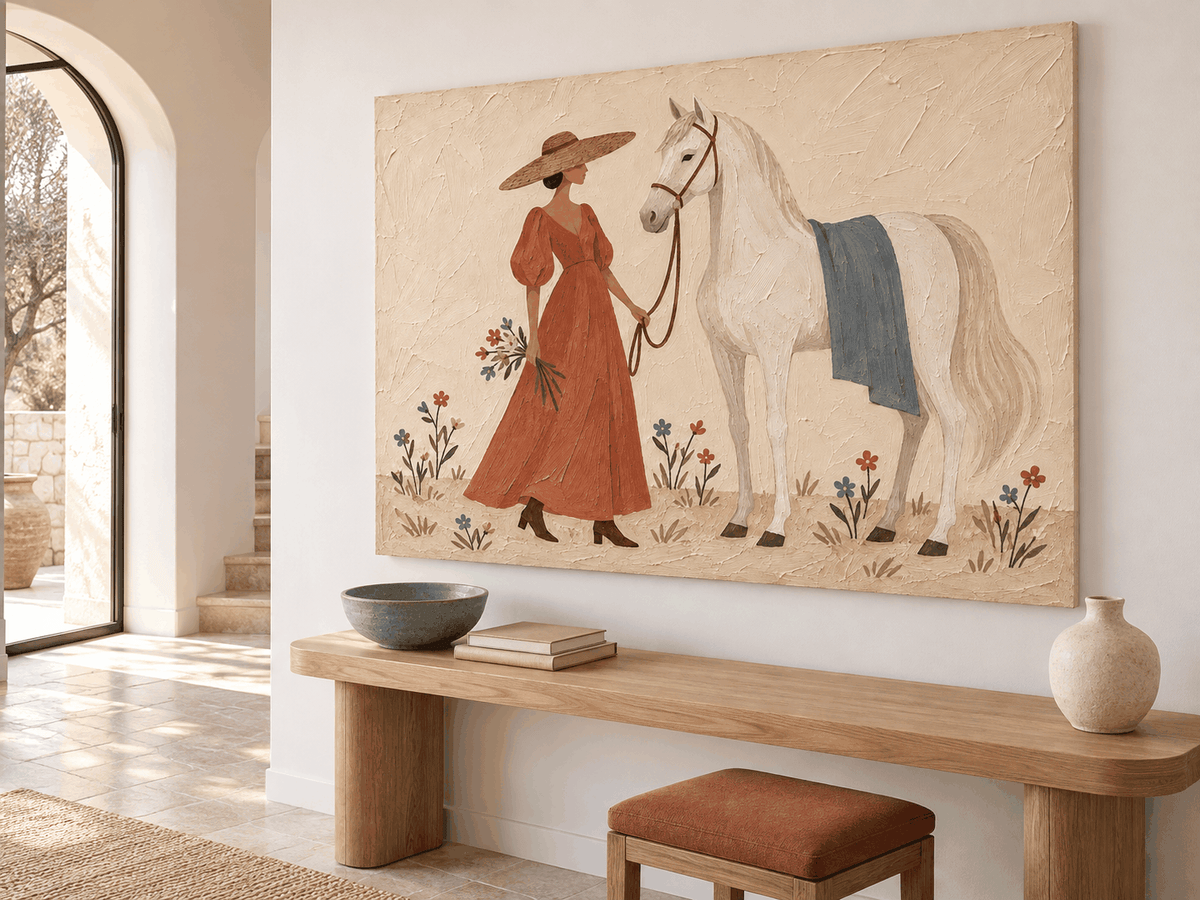 Woman With White Horse Hand-Painted Canvas Art In Vintage Red Dress