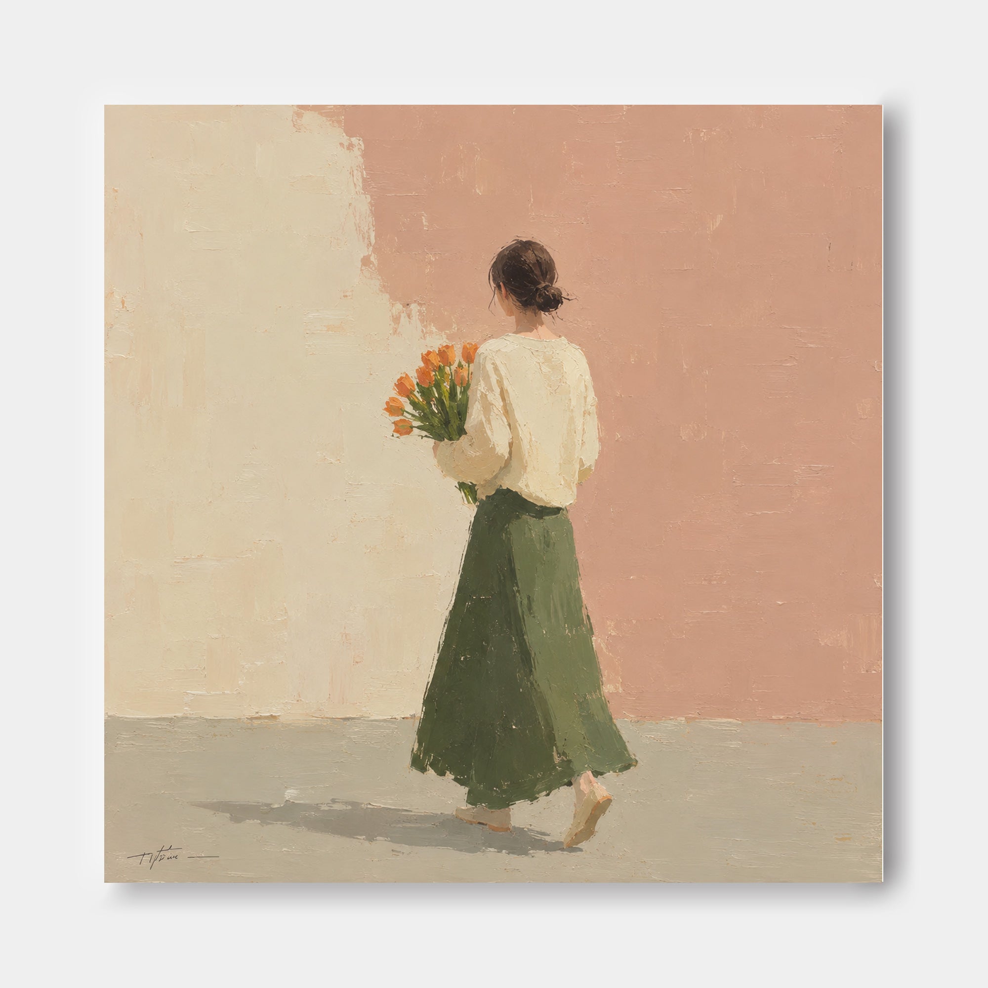 Woman With Orange Tulips Hand-Painted Canvas Art In Beige And Pink
