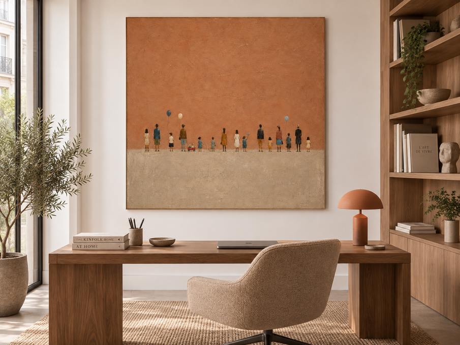 Hand-Painted Minimalist People Art On Textured Brown Canvas