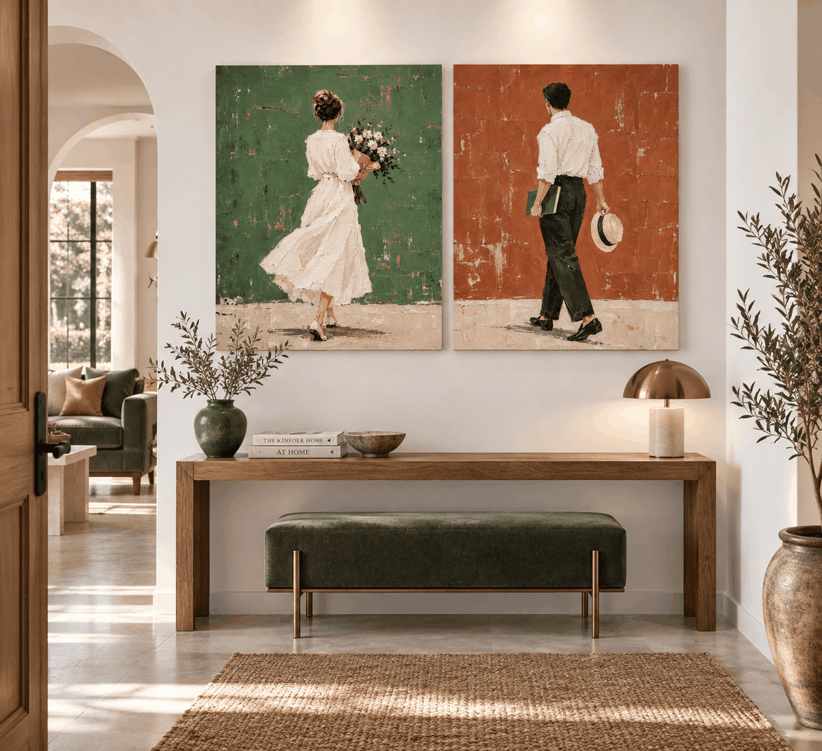 Vintage Couple Walking Hand-Painted Canvas Art Set Green Red Wall