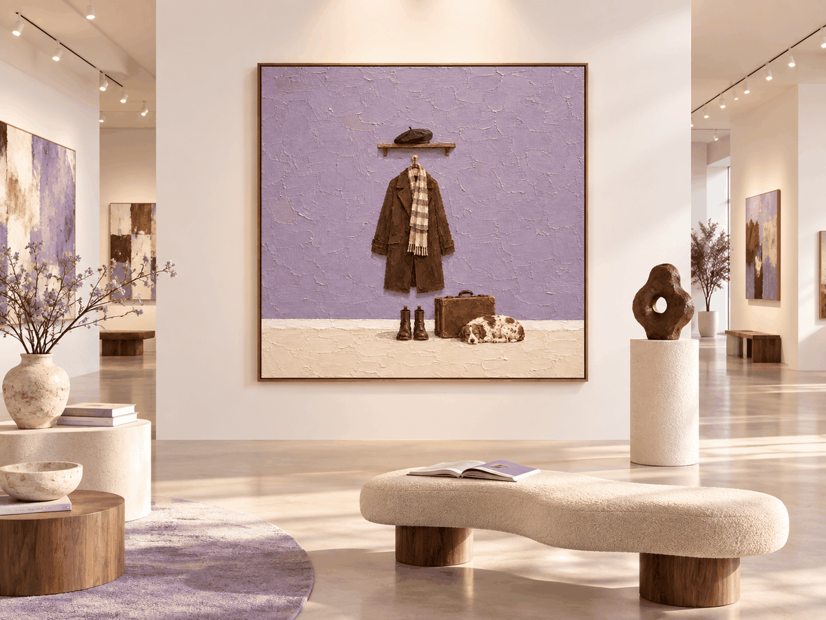 Vintage Dog And Coat Canvas Painting With Brown And Purple Tones