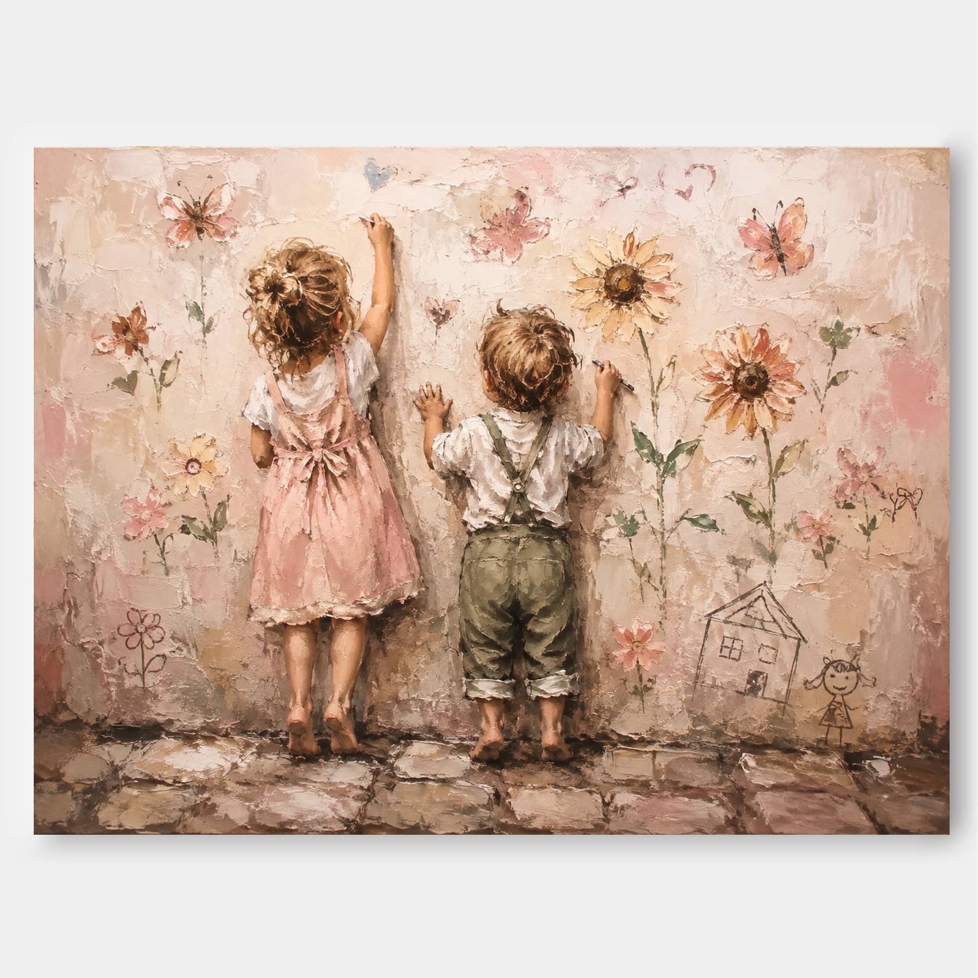 Original Oil Painting Of Two Kids Back View With Floral Wall Art