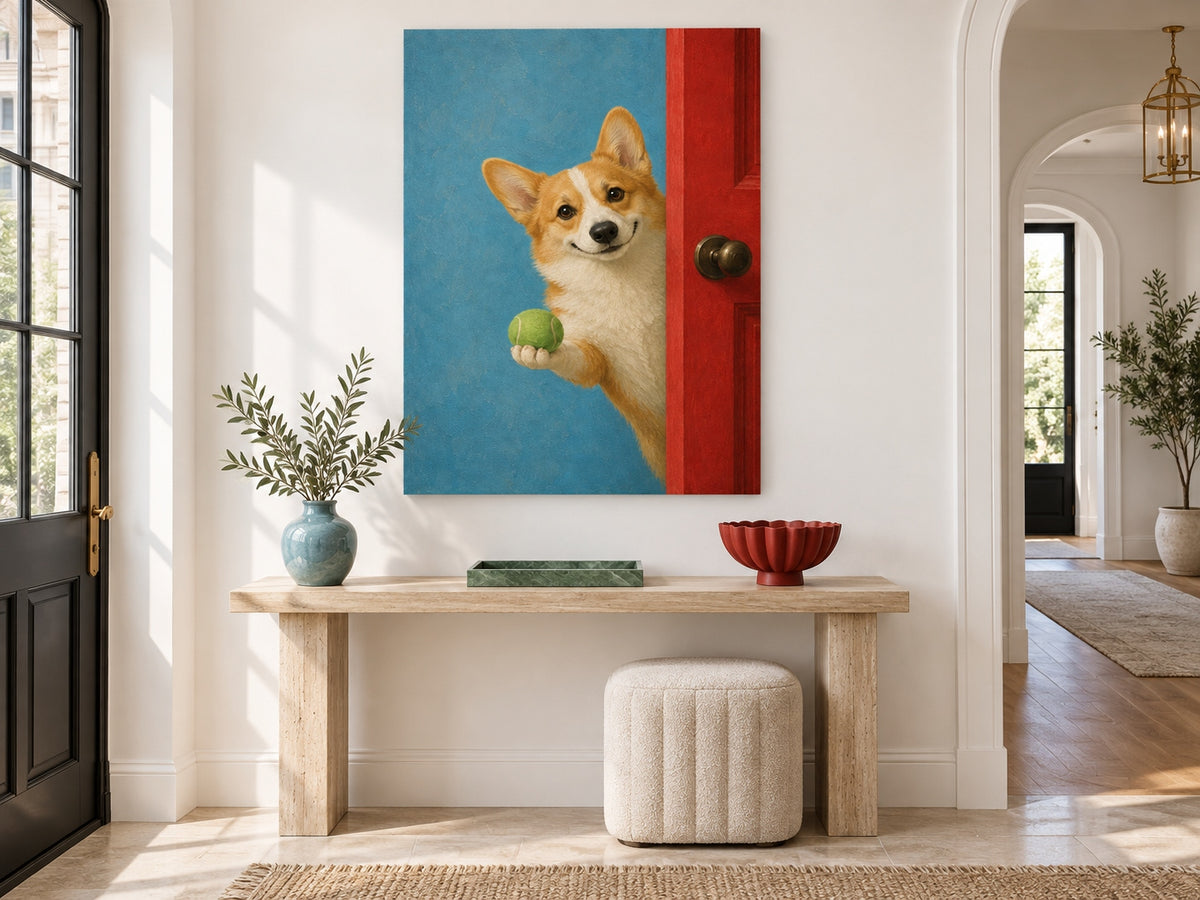 Hand-Painted Corgi With Tennis Ball Original Canvas Art