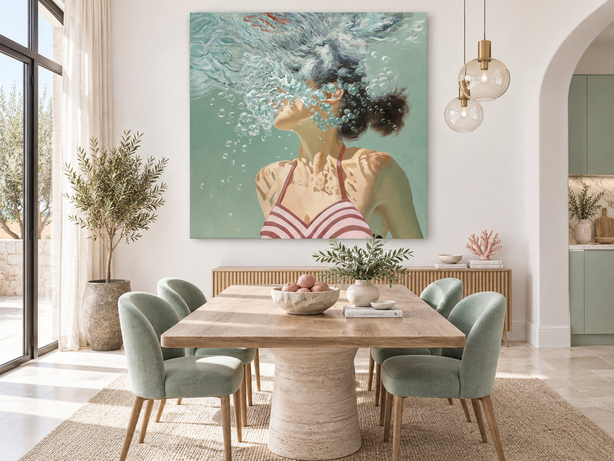Underwater Swimmer Canvas Painting Hand-Painted Original Art With Bubbles